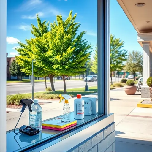 Spotless Hastings window reflecting vibrant storefront, clean exterior with organized tools and lush greenery.