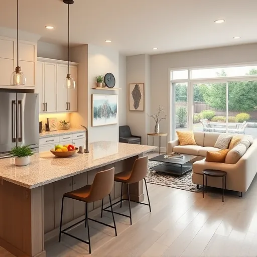 Modern kitchen in Wildflower Community MN features sleek cabinetry, stainless steel appliances and elegant decor. Cozy living room overlooks a landscaped backyard.