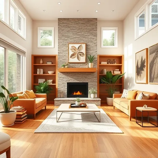 Modern living room remodel in Arbor Pointe MN featuring hardwood floors, fireplace, and custom shelving with plants.
