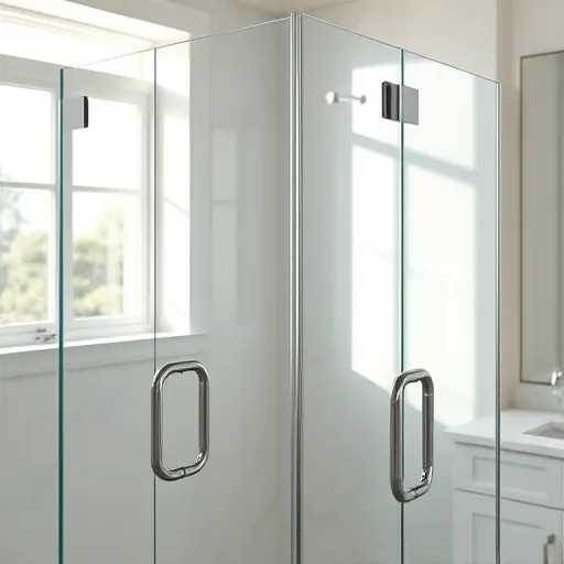 Spotless glass shower door reflecting soft natural light in a luxury bathroom with sleek chrome hardware and neutral tiles