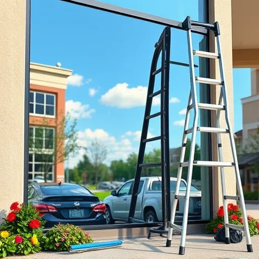 Pristine window reflecting blue sky with clouds, next to cleaning tools on a ladder outside a modern building in South Hill MN