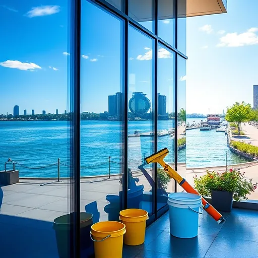 Pristine commercial window cleaning at a modern MN building in Riverfront Area with spotless glass reflecting sky and city.