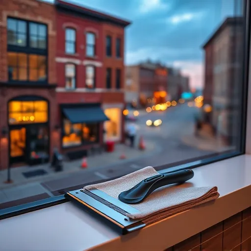 Pristine window reflecting downtown Hastings MN skyline at dusk with squeegee and microfiber cloth on clean windowsill
