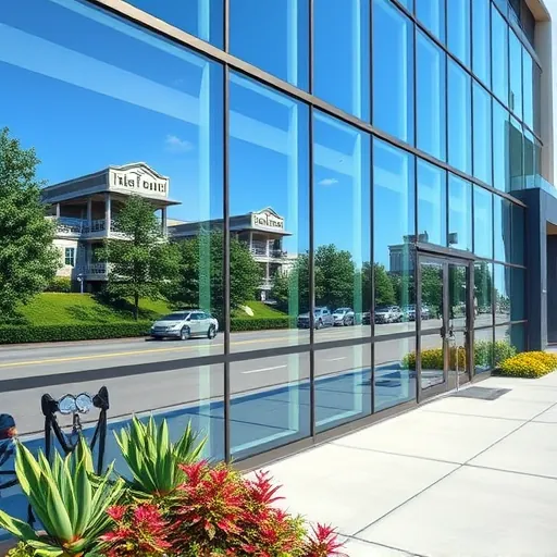 Pristine commercial building window cleaning in St. Paul Park MN with spotless glass, cleaning tools, and vibrant surroundings