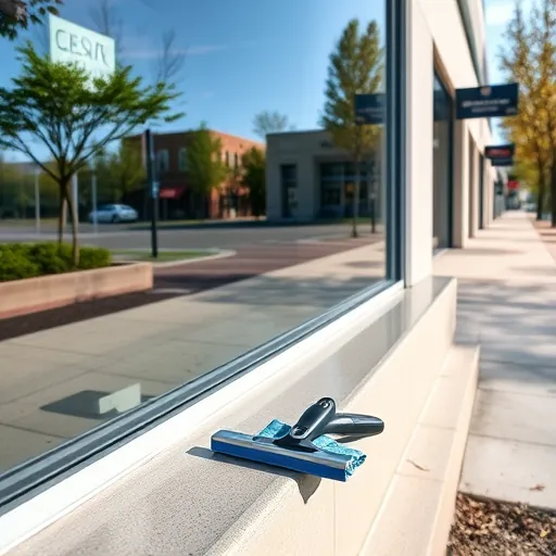 Pristine commercial building with spotless glass windows reflecting blue sky and trees in Maplewood MN with cleaning tools.