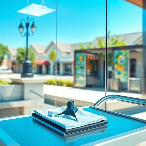 Pristine commercial storefront window reflecting blue sky and neighborhood with professional cleaning tools in Inver Grove Heights