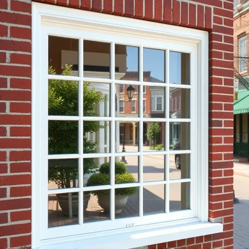Clean white-framed French window on brick building in Stillwater Minnesota with reflections of historic streetscape and lush greenery