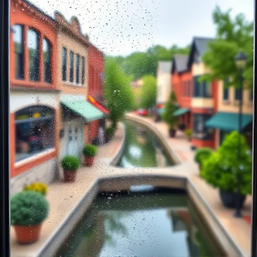 Pristine clean glass window in Stillwater MN showing water droplets and clear view of historic buildings and river
