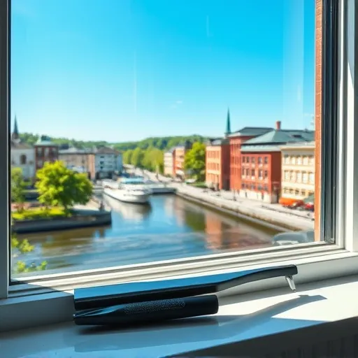Clean window reflecting Stillwater MN's riverfront and greenery, featuring squeegee and tools on a spotless sill.