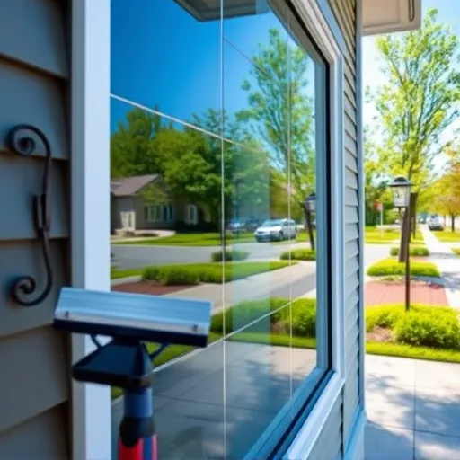 Pristine window cleaning scene in East Cottage Grove MN with reflective glass, cleaning tools, and lush greenery.