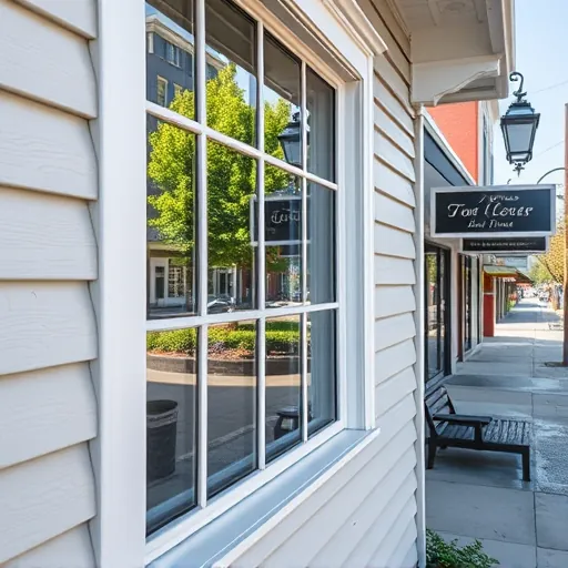 Clean window in Stillwater MN reflecting lush greenery and historic buildings after paint overspray removal