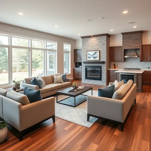 Renovated living room in Afton MN features hardwood floors, modern fireplace, stylish decor, and large windows.