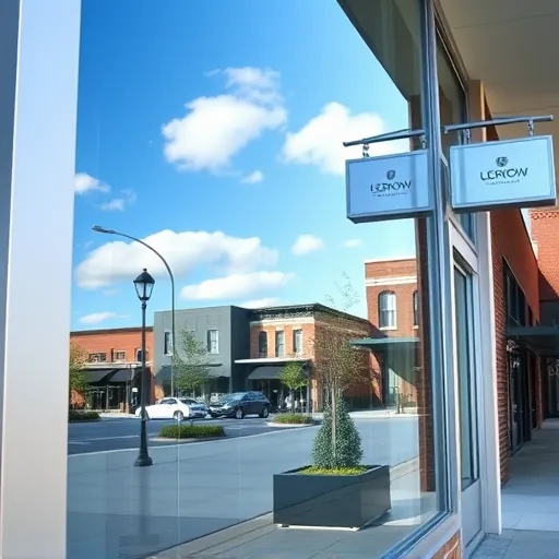 Freshly cleaned window on a modern Stillwater MN building reflecting blue sky and historic downtown charm.