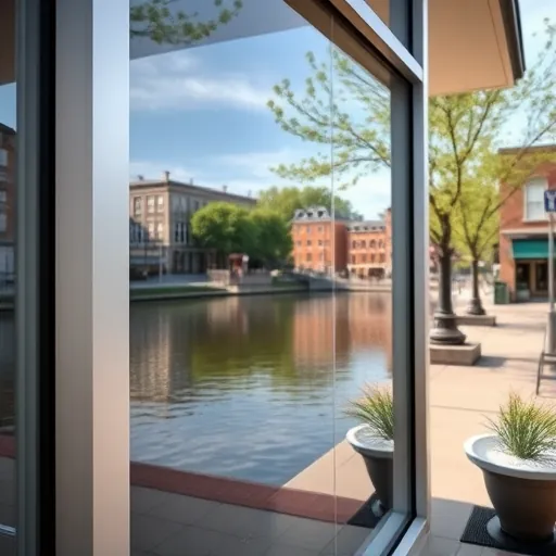 Gleaming commercial building window in Stillwater Minnesota reflecting historic downtown and St Croix River scene