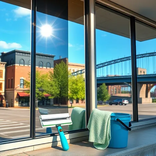 Sparkling window reflects Stillwater downtown and greenery, showcasing window cleaning tools by a well-maintained building.