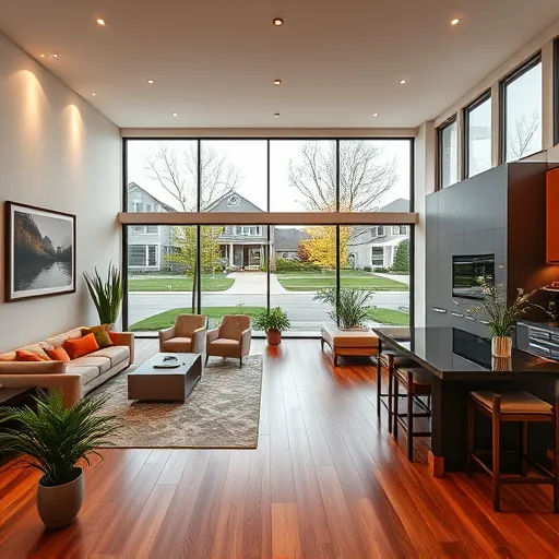 Completed home remodel in East Oakdale MN showcasing modern design with open living space, elegant kitchen, and large windows.