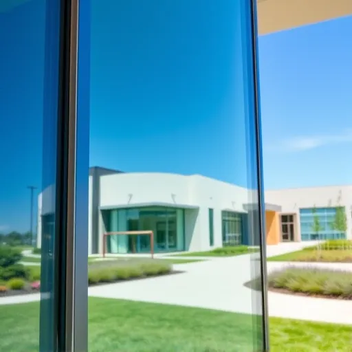 Pristine cleaned modern commercial building window reflecting blue sky and greenery in North Lake Elmo Minnesota