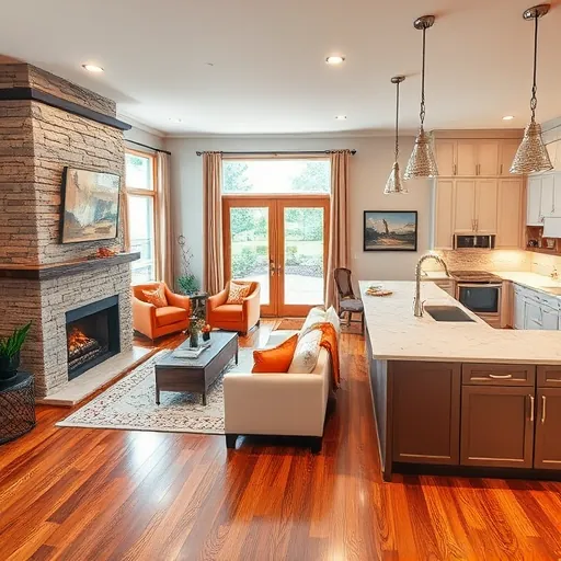 Home remodeling in Croixwood MN featuring a cozy living room with stone fireplace and sleek kitchen with modern appliances.