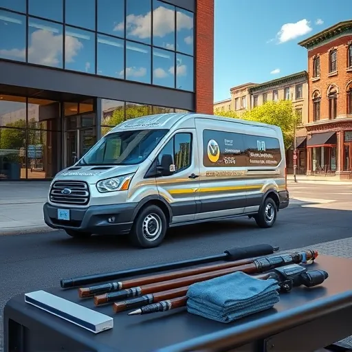 Professional window cleaning van parked in front of a modern building, showcasing tools and clean windows in Stillwater MN.