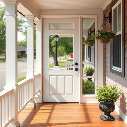 Close-up of a freshly installed white wooden screen door on a cozy cottage with porch, greenery, and warm sunlight.
