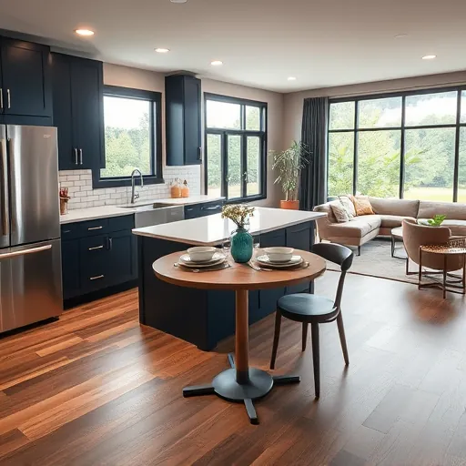 Modern kitchen remodel in Downtown Hastings featuring navy cabinetry, stainless steel appliances, and spacious layout.