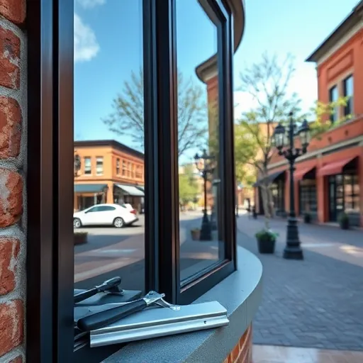 Sparkling clean window of a modern building in Stillwater MN reflecting historic townscape and pristine blue sky.