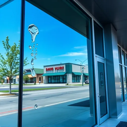 Sparkling clean window on modern building in Wedgewood MN reflecting sky, with water streaks and sleek architecture.