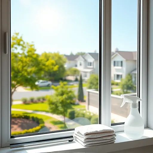Pristine sparkling window on modern house surrounded by green trees with professional cleaning tools nearby in sunny suburban setting