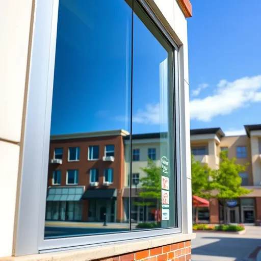 Pristine gleaming window of a modern commercial building in Arbor Pointe MN reflecting the neighborhood and blue sky