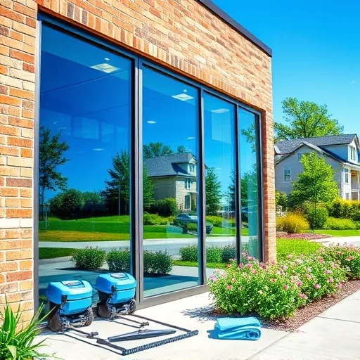 Sparkling clean large glass storefront reflecting vibrant surroundings at Wildflower Community MN with professional cleaning tools