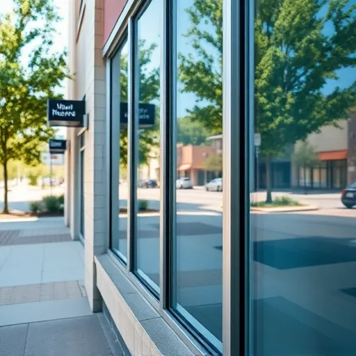 Spotless commercial building window in North Maplewood MN reflecting blue sky, trees, with sleek metal frame and lush surroundings