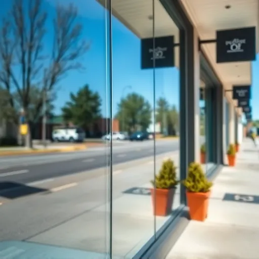 Freshly cleaned storefront window in Newport MN reflecting blue sky and trees, showcasing urban vibrancy and professionalism.