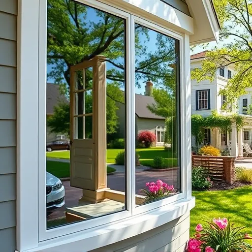 Sparkling cleaned storm windows reflecting greenery and neighborhood street on a sunny spring day in Stillwater MN