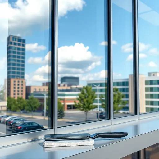 Spotless modern commercial window reflecting blue sky and clouds in Newport Minnesota with clean glass and cityscape in background