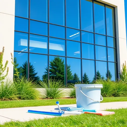 Clean commercial building with reflective glass windows, professional cleaning tools, lush landscaping, and a bright sunny day in Croixwood MN