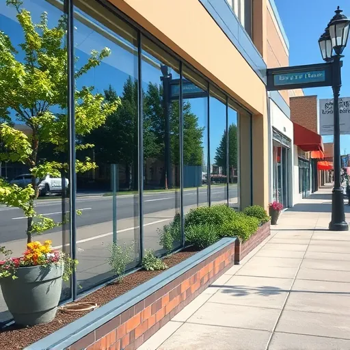 Freshly cleaned storefront window reflecting trees and a blue sky in Afton MN, showcasing professionalism and detail.