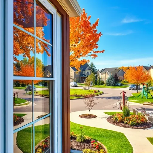 Clean residential window reflecting colorful autumn leaves and charming neighborhood in Wildflower Community MN