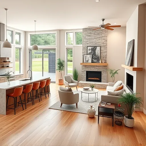 Home remodeling in Stillwater MN featuring a modern living room with hardwood floors, large windows, and custom kitchen.