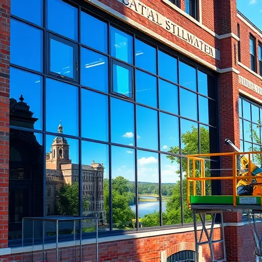 Modern building in Stillwater MN with sparkling cleaned windows reflecting blue sky and historic architecture