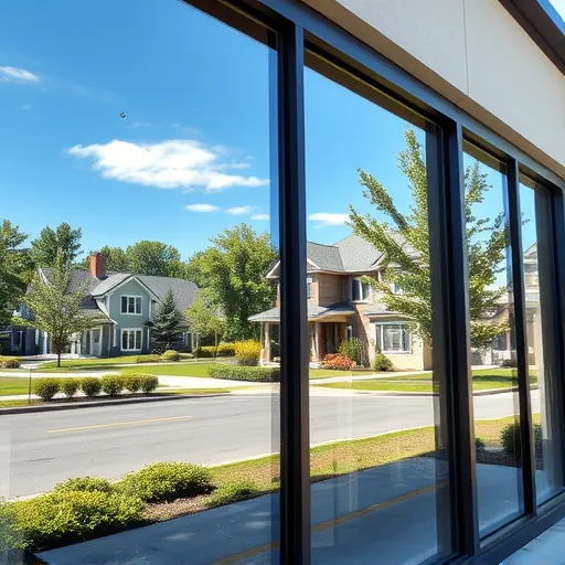 Pristine glass windows on a modern building reflecting blue sky and greenery in Lake Elmo MN.