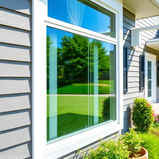 Pristine clean window reflecting blue sky and greenery on modern home with vibrant siding and blooming garden