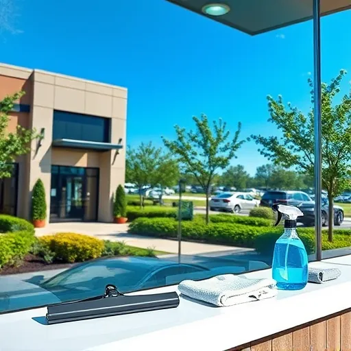 Pristine storefront window in Woodbury MN reflecting blue sky and trees, with professional cleaning tools on a clean ledge