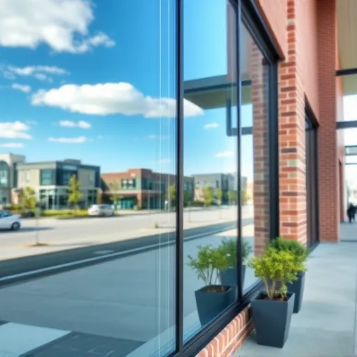 Pristine clean window on a modern Oakdale commercial building reflecting blue sky, surrounded by sleek brick and glass exterior.