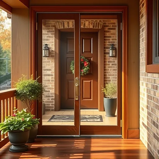 Freshly repaired screen door with elegant framing on cozy porch in Stillwater Minnesota surrounded by greenery and autumn foliage