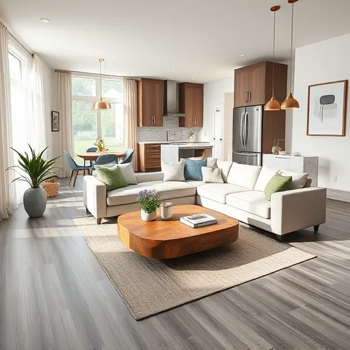 Modern living room remodel in Croixwood MN with gray floors, neutral walls, stylish kitchen, and ample sunlight.
