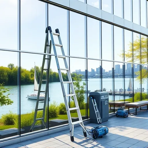 Immaculate modern building with reflective glass windows featuring serene riverfront scenery and lush greenery in MN