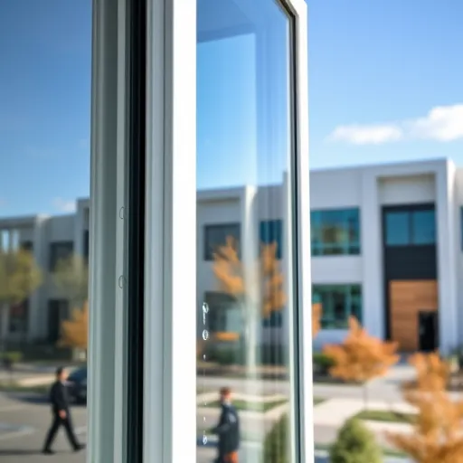 Clean window on modern Apple Valley building reflecting vibrant neighborhood trees and clear blue sky
