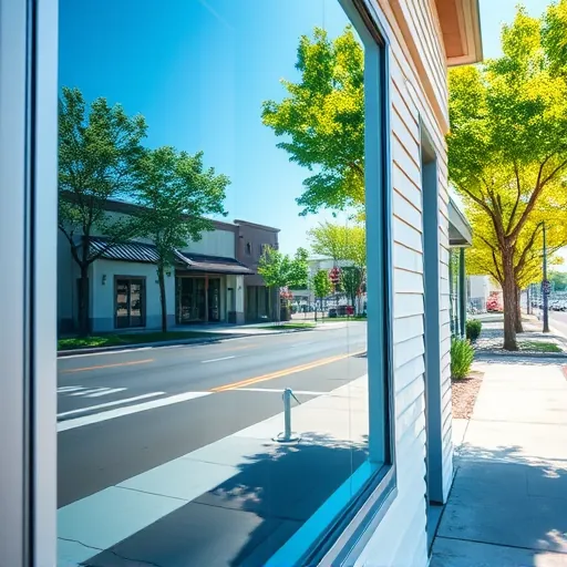 Pristine clean window on a modern commercial building reflecting blue sky and lush greenery in Tanners Lake MN