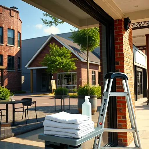 Clean storefront window in St. Paul Park MN reflecting neighborhood with equipment and sunny outdoor scene.
