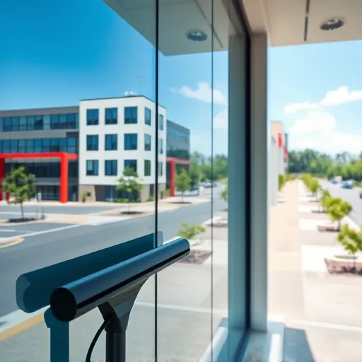 Pristine commercial building window in North Inver Grove Heights with cleaning tools and urban background